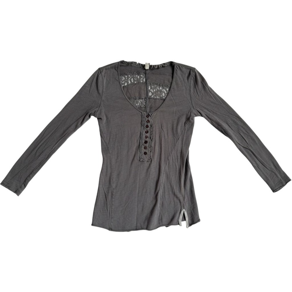 We The Free Free People Gray Lace Back Henley Top Boho Slub Knit Long Sleeve L